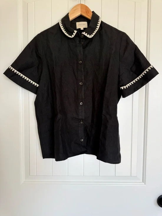 Sézane Black Linen Crochet Trim Button Up Blouse Top Size 36 US 4 - Picture 2 of 8